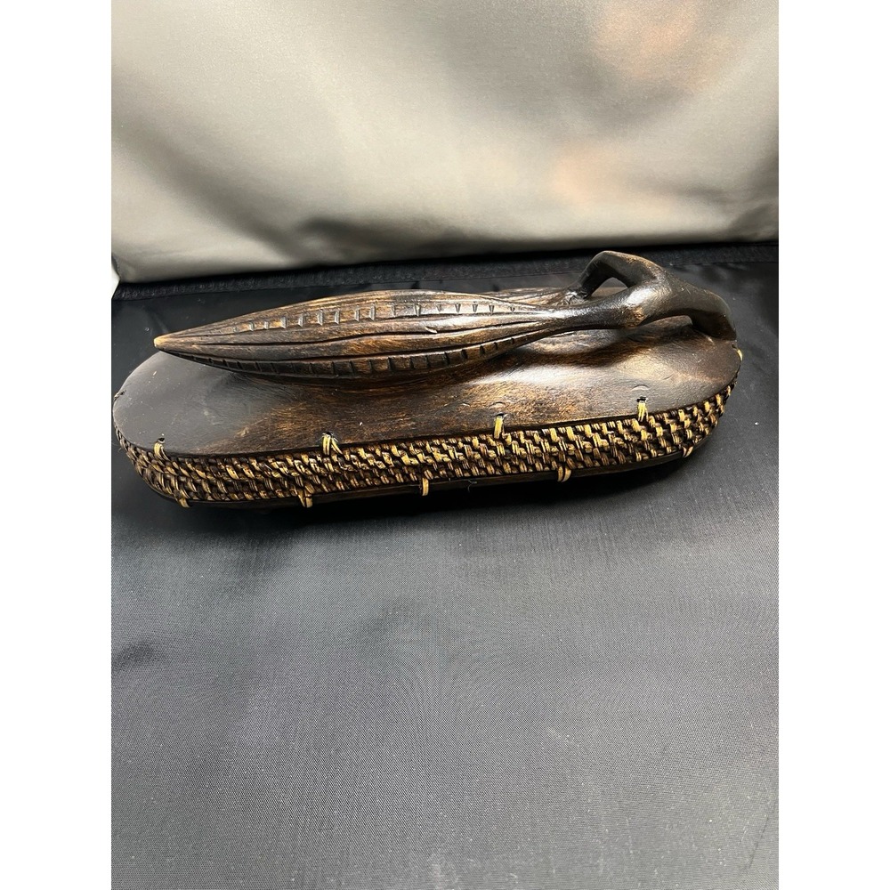 VTG Indonesian Lambok Weaved Rattan Basket with Lid Wood Carved Cacao Pod